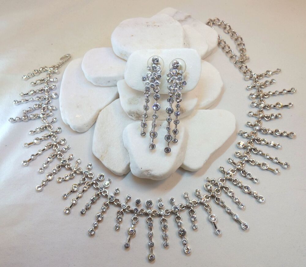 SET Vtg ST. JOHN Silver Swarovski Crystal Choker Necklace Earrings  2000 Bridal